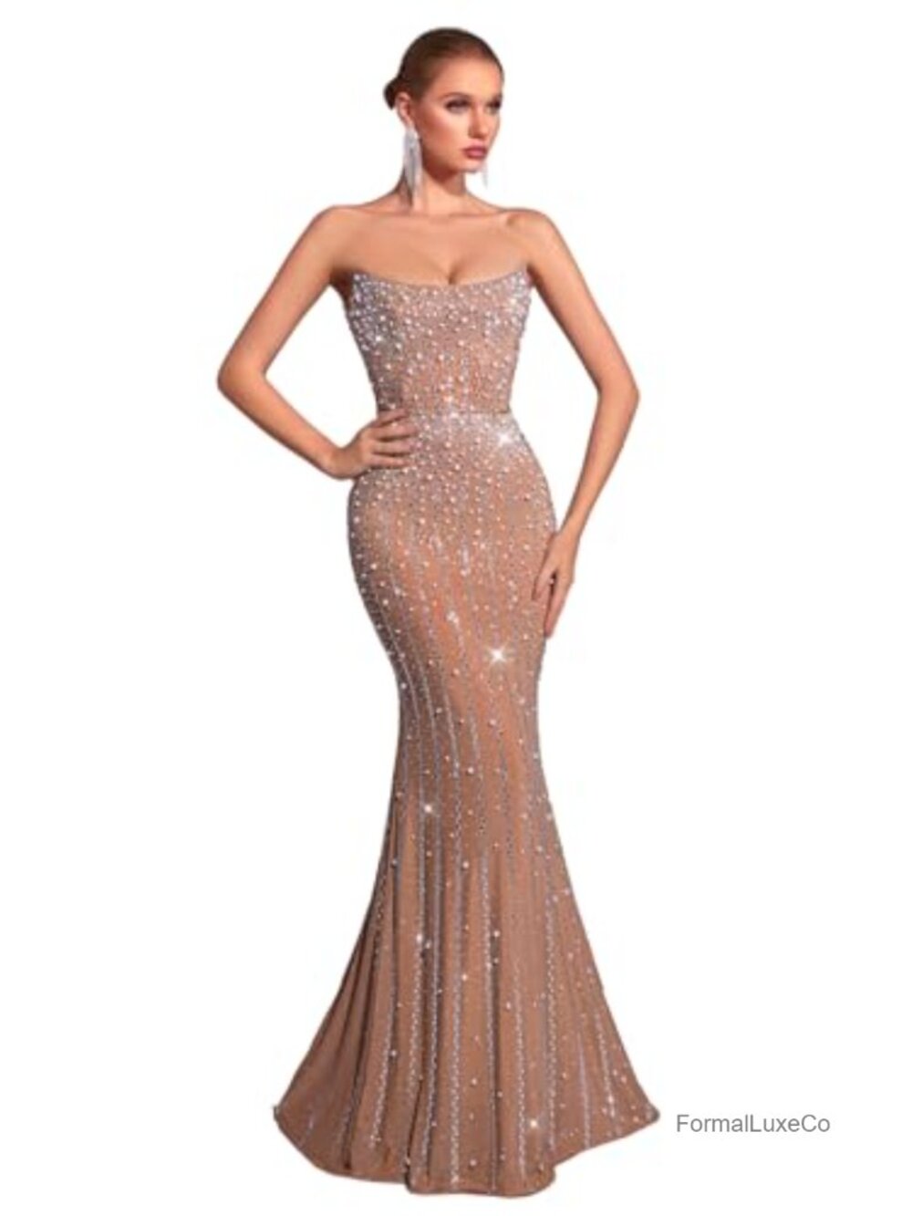 Strapless Rhinestone Beaded Corset Mermaid Evening Gown Formal Dress